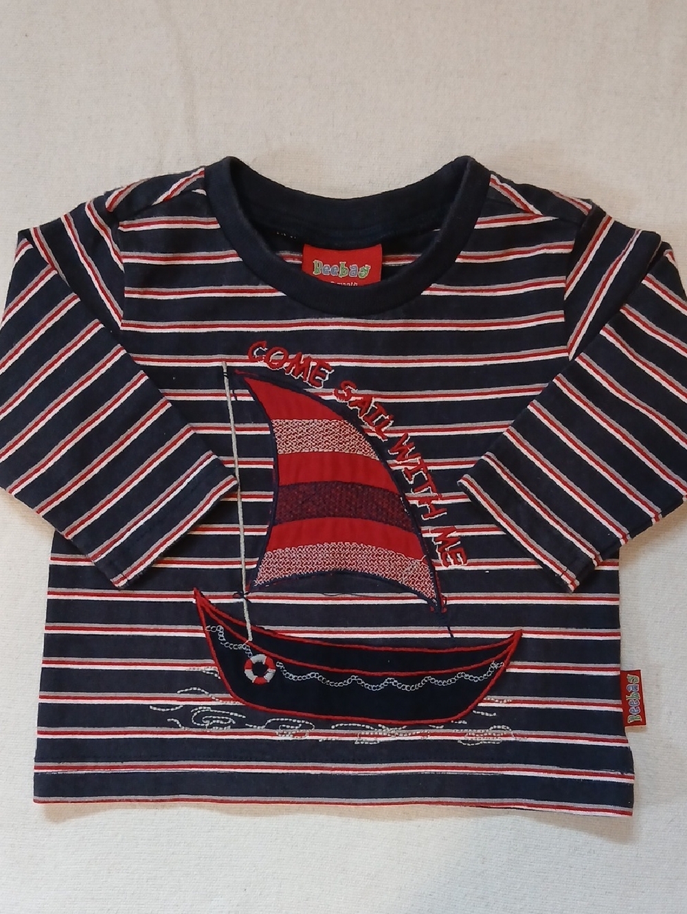 "Beebay" brand Kids Navy & Red Striped Sailboat Long-Sleeve Tee